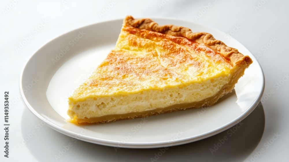 Quiche Lorraine, A close-up of a thin slice of quiche resting on a flat, neutral-colored surface, with a faint garnish of chives for contrast. Quiche Lorraine, A close-up of a thin slice of quiche resting on a flat, neutral-colored surface, with a faint garnish of chives for contrast.