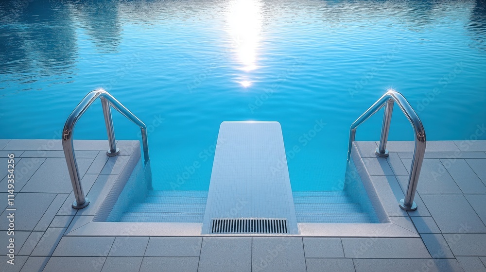 Obraz premium Outdoor swimming pool with diving board. Sunlight reflects on calm blue water. Stainless steel handrails positioned at both sides of entry. White diving board clearly visible. Fresh, modern style.