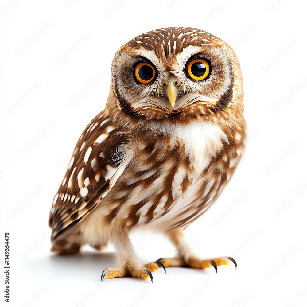 Fototapeta premium A cute spotted owl with striking eyes, posing brilliantly against a white background.