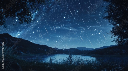 Starry night sky over a serene landscape with visible meteor shower. Stars illuminating the vast night sky create a sense of wonder and the beauty of the cosmos photo