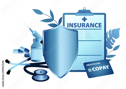 Shield with a stethoscope, medicine, capsules, and syringe with a healthcare copay card. Concept for health insurance, medical services, pharmaceutical campaigns, and modern health