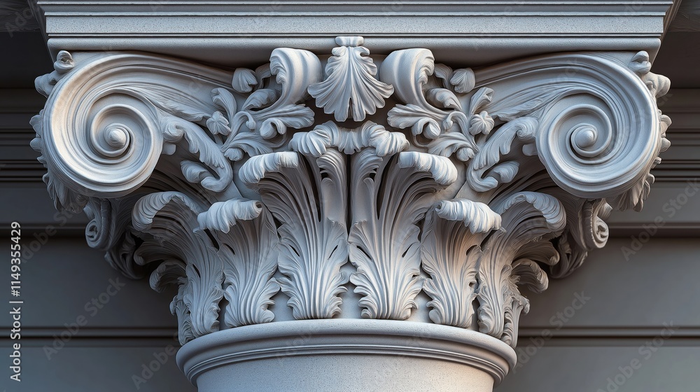Naklejka premium Ornate capital of column features elaborate scrollwork, floral patterns. Baroque style design evokes sense of grandeur, historical significance. Plaster stone craftsmanship displays intricate