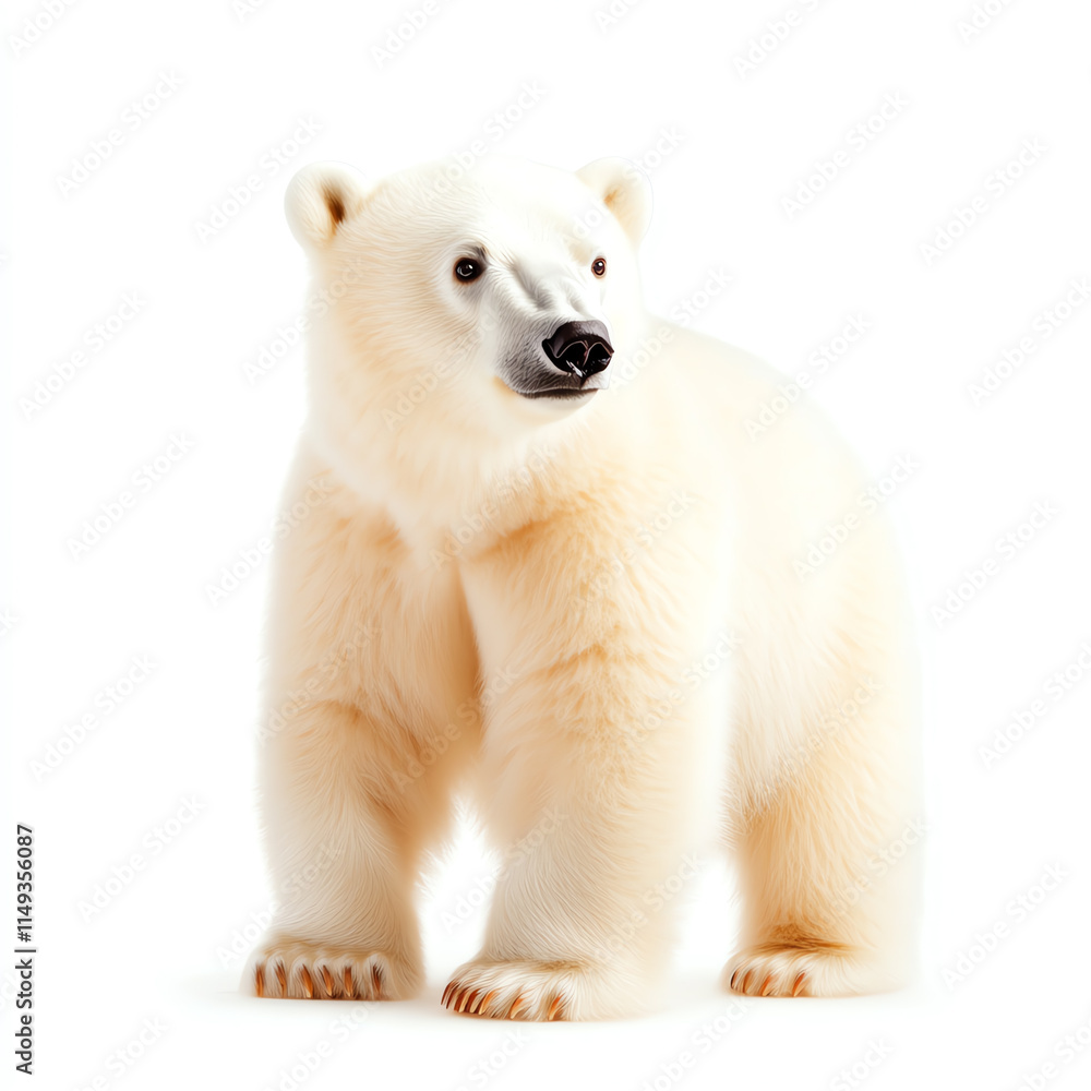 A majestic polar bear stands gracefully on a white background, showcasing its beauty. A majestic polar bear stands gracefully on a white background, showcasing its beauty.