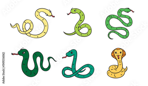 Hand drawn cute cartoon color green, outline simple snake set. Kind doodle snake smile isolated on white background.