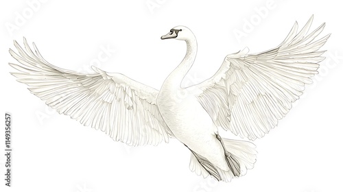 Fototapeta Naklejka Na Ścianę i Meble -  Elegant white swan in flight, wings outstretched, detailed pencil sketch on white background.