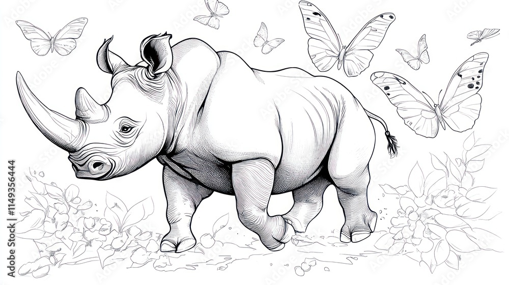 Fototapeta premium Rhinoceros Playfully Chasing Butterflies - Children's Coloring Book Page