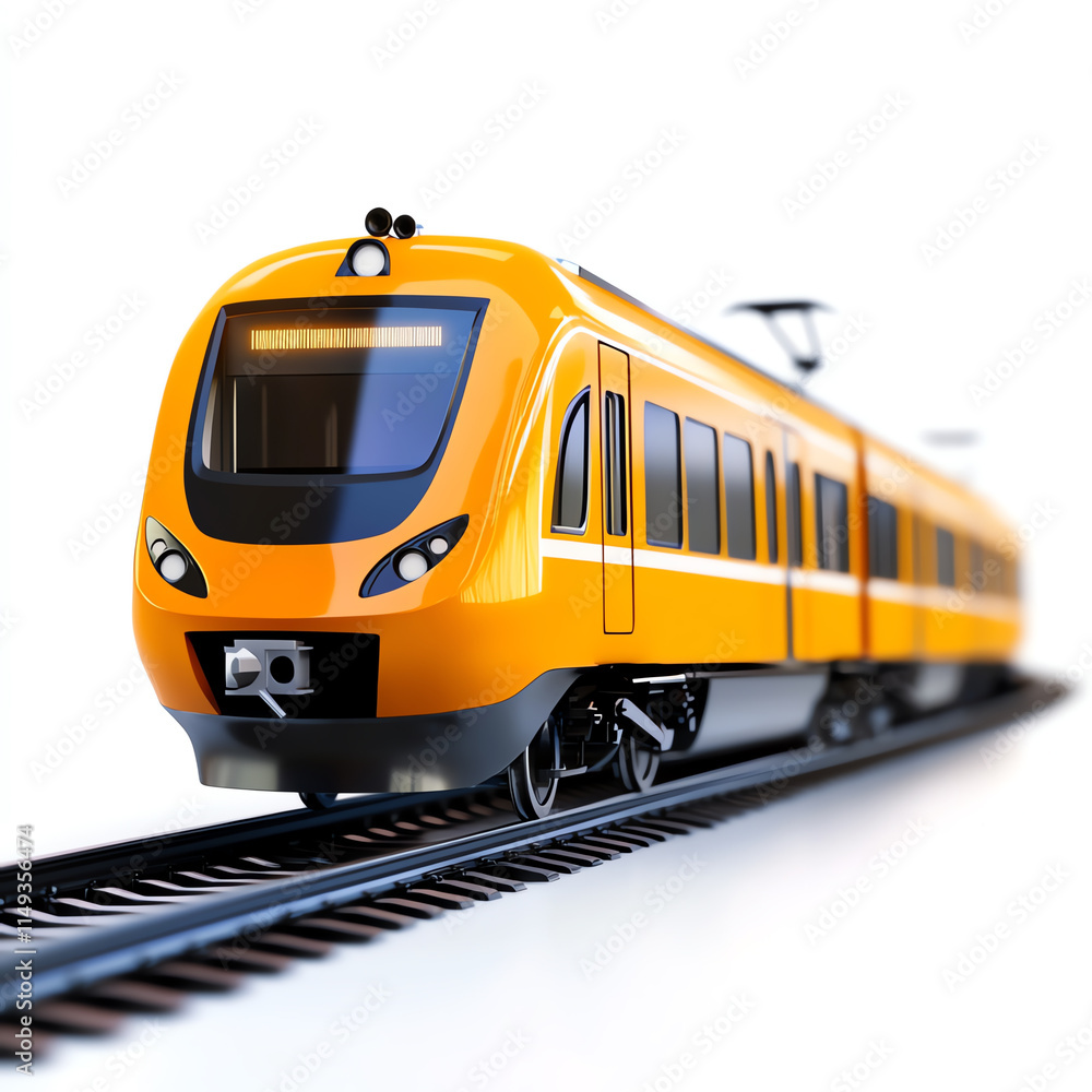 A modern yellow train speeding on the tracks, showcasing innovation in public transport. A modern yellow train speeding on the tracks, showcasing innovation in public transport.
