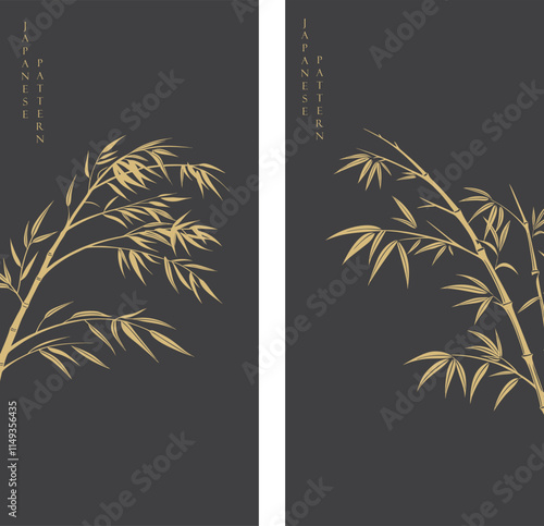 Hand drawn branch of bamboo leaves element with line pattern vector on black bakground. depict stylized bamboo in a contemporary interpretation of traditional Japanese aesthetics