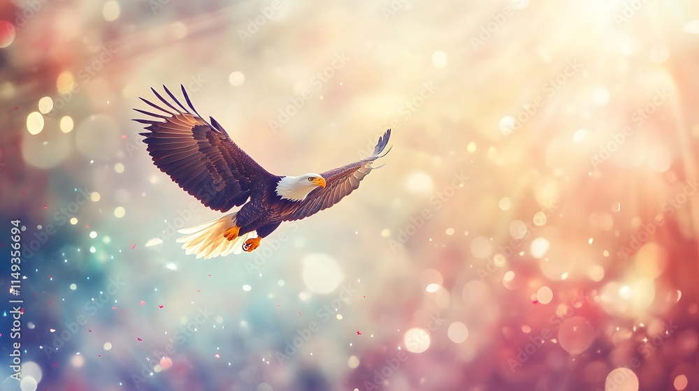 Fototapeta premium Majestic Bald Eagle Soaring Through A Festive Sky