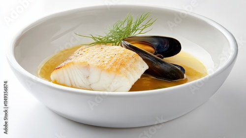 A white ceramic bowl containing a single piece of fish, one mussel, and a small amount of saffron-tinted broth, garnished with a sprig of fennel. photo