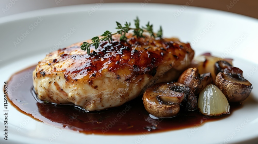 Minimal plate with a single piece of tender chicken coated in a glossy red wine sauce, garnished with a sprig of fresh thyme and a small portion of mushrooms and onions. Minimal plate with a single piece of tender chicken coated in a glossy red wine sauce, garnished with a sprig of fresh thyme and a small portion of mushrooms and onions.