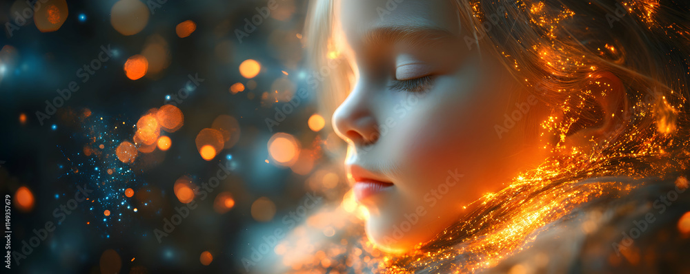 Obraz premium A serene portrait of a child surrounded by glowing, magical elements.
