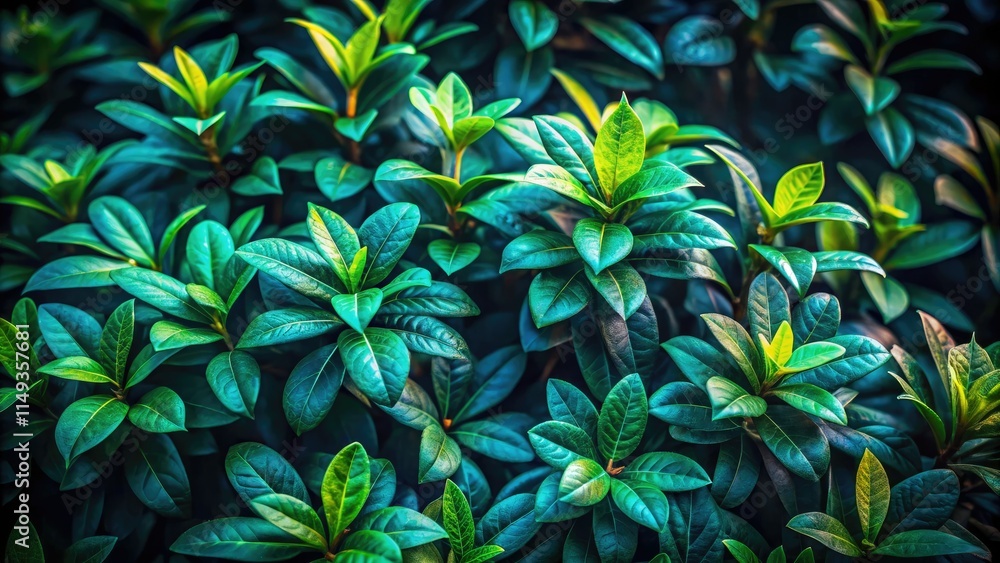 High-resolution image: dark green foliage, dramatic lighting, shadow play reveals detailed plant textures of a moody botanical shrub. High-resolution image: dark green foliage, dramatic lighting, shadow play reveals detailed plant textures of a moody botanical shrub.