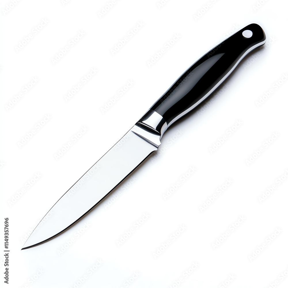 A sharp kitchen knife with a sleek black handle on a clean white background. A sharp kitchen knife with a sleek black handle on a clean white background.