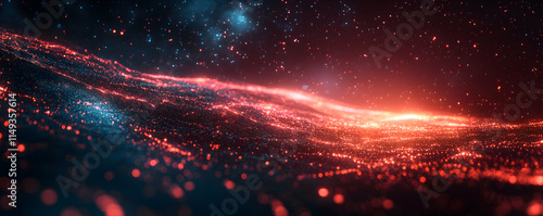 A vibrant cosmic landscape with glowing red and blue particles.