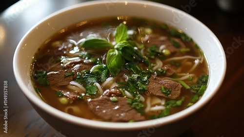 Bowl of Pho with Beef, Noodles, and Herbs