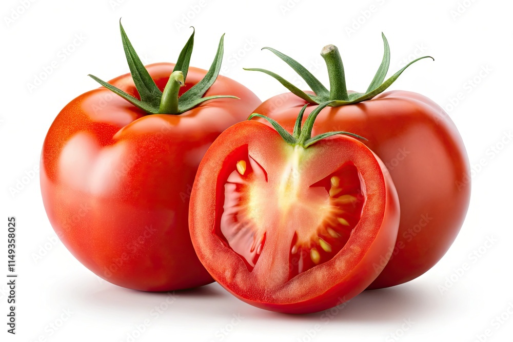 High-resolution studio shot: isolated red tomatoes, whole and sliced, against a pristine white background. High-resolution studio shot: isolated red tomatoes, whole and sliced, against a pristine white background.