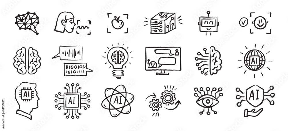 Artificial Intelligence Icons grunge chalk hand drawn doodle Brush set. Outline AI drawing crayon Artificial Intelligence Icons grunge chalk hand drawn doodle Brush set. Outline AI drawing crayon