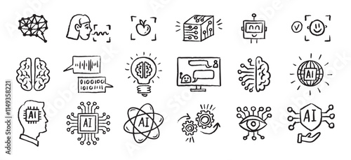 Artificial Intelligence Icons grunge chalk hand drawn doodle Brush set. Outline AI drawing crayon 