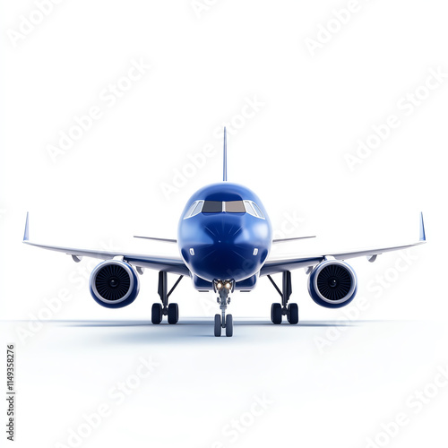 A sleek blue airplane facing forward, ready for takeoff against a white backdrop.
