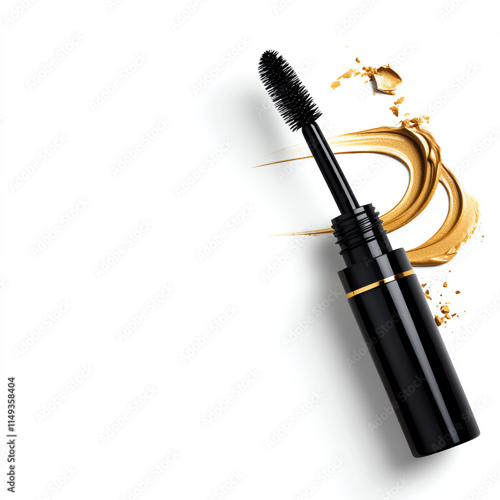Naklejka premium A sleek mascara with brush and golden cosmetic smear on a white background.