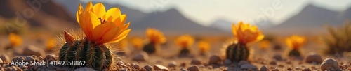 Prickly orange flower blooming on desert landscape,, succulent, thorns photo