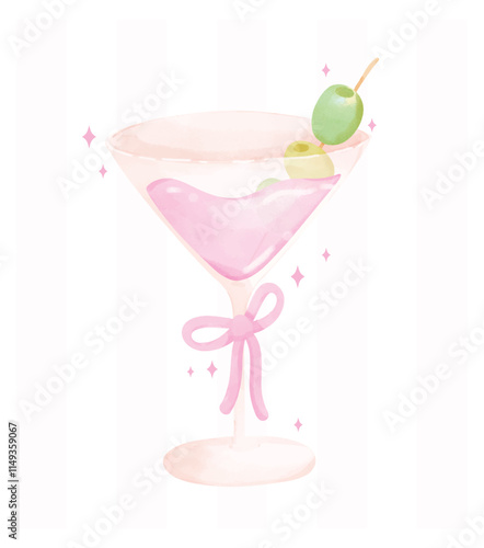 Preppy Pastel Coquette Martini with olieve Watercolor Art in Green and Pink