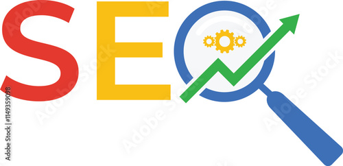 SEO Icon. Search engine optimization flat logo with magnifying glass, arrow and wheel symbol. SEO logo for improve website ranking in search engine results pages