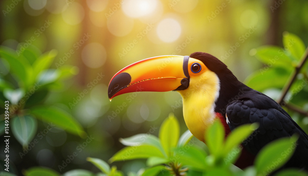 Fototapeta premium A vibrant toucan showcases its distinctive large beak while perched among lush green foliage in its natural rainforest habitat.