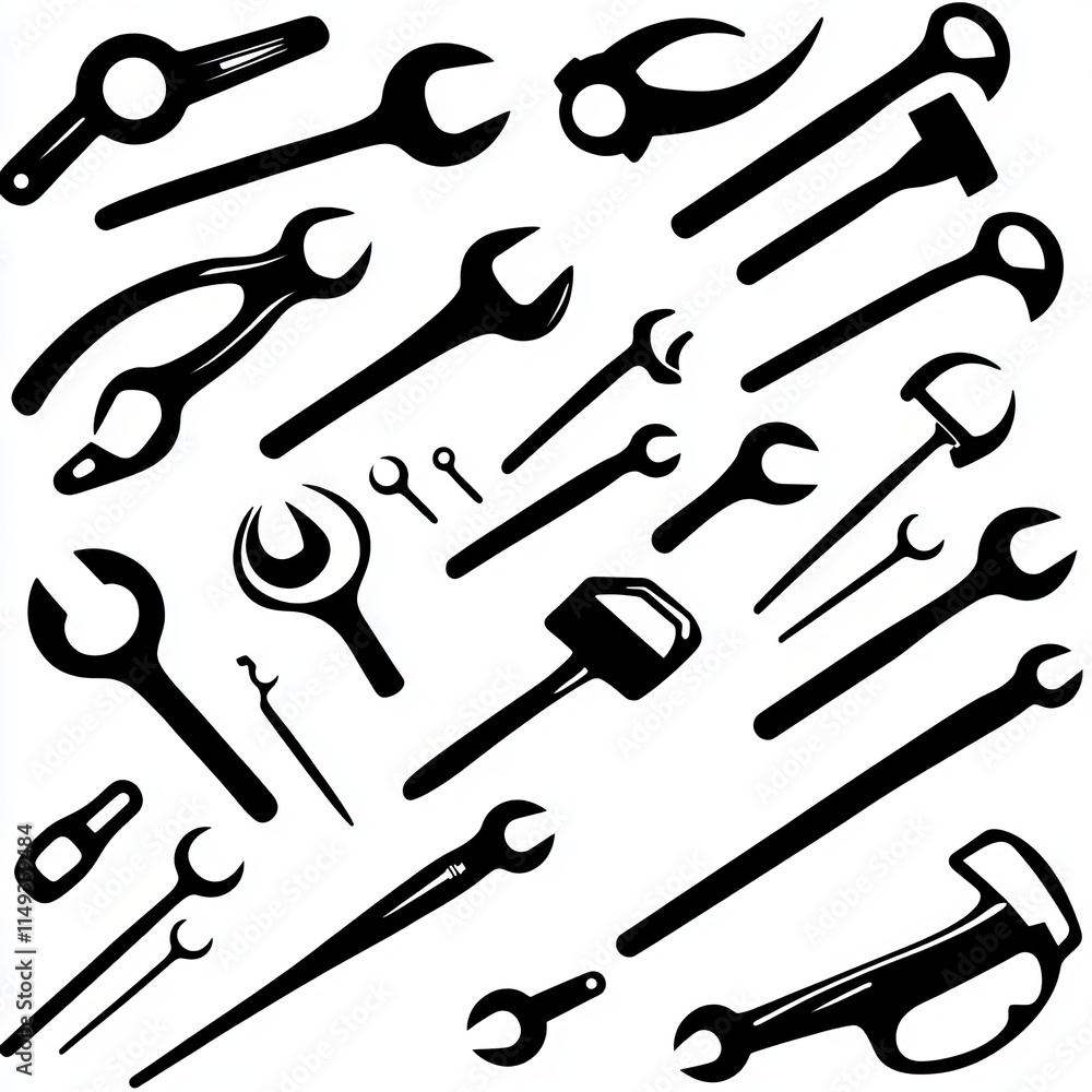 Collection of Black and White Hand Tools Illustration Collection of Black and White Hand Tools Illustration