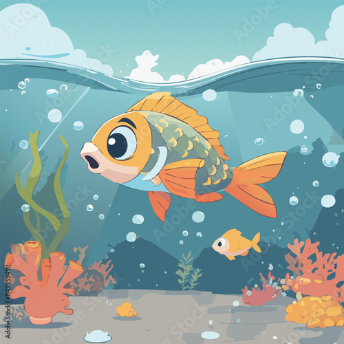 Underwater scene with fish and corals. Vector cartoon illustration.