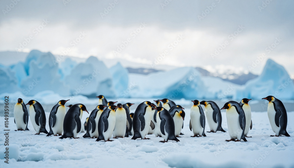Obraz premium A large colony of king penguins stands together in Antarctica, their black and white forms creating a striking pattern against the snowy landscape and towering icebergs. The scene captures the harsh b