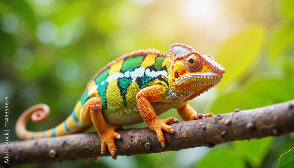 A colorful chameleon perched on a branch, displaying its vibrant orange, yellow, and blue coloration. The image captures the reptile's unique features and adaptive camouflage abilities. A colorful chameleon perched on a branch, displaying its vibrant orange, yellow, and blue coloration. The image captures the reptile's unique features and adaptive camouflage abilities.