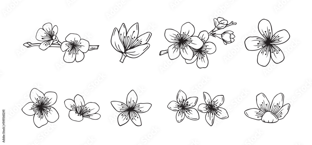 Outline sakura flowers blossom set. hand drawn doodle sakura flower line icons collection. Realistic floral bloom for spring japanese or chinese design Outline sakura flowers blossom set. hand drawn doodle sakura flower line icons collection. Realistic floral bloom for spring japanese or chinese design