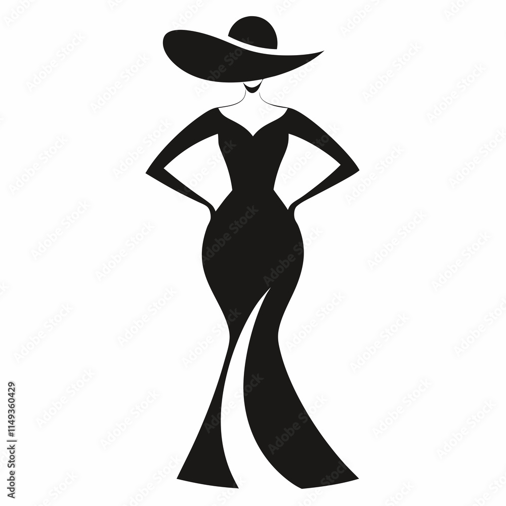 Elegant Woman in Large Hat with Heart-Shaped Cutout Dress Elegant Woman in Large Hat with Heart-Shaped Cutout Dress