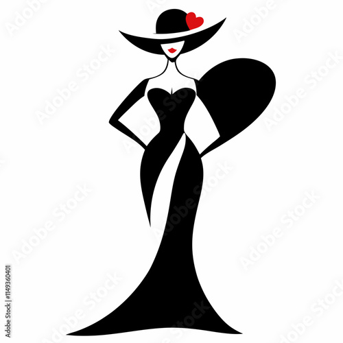 Elegant Woman in Large Hat with Heart-Shaped Cutout Dress
