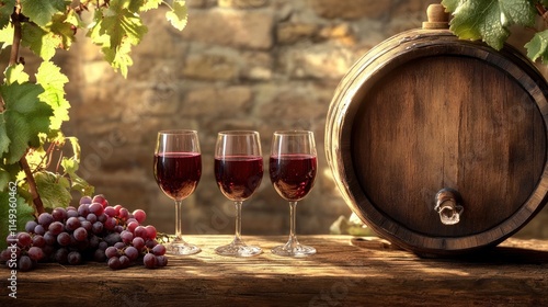 Red Wine and Grapes with Wooden Barrel