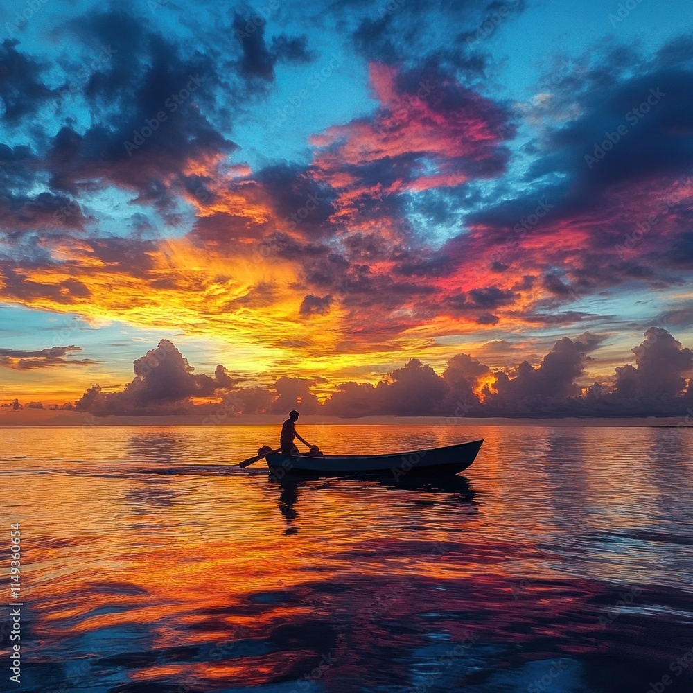Solitary figure in small boat on tranquil ocean at vibrant sunset. Solitary figure in small boat on tranquil ocean at vibrant sunset.