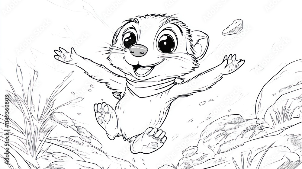 Fototapeta premium Meerkat Cartoon Jumping Over Rocks - Children's Coloring Book Page