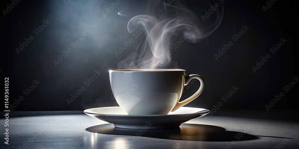 Obraz premium Minimalist low-light coffee photo: a white cup, stark white backdrop, elegant simplicity.