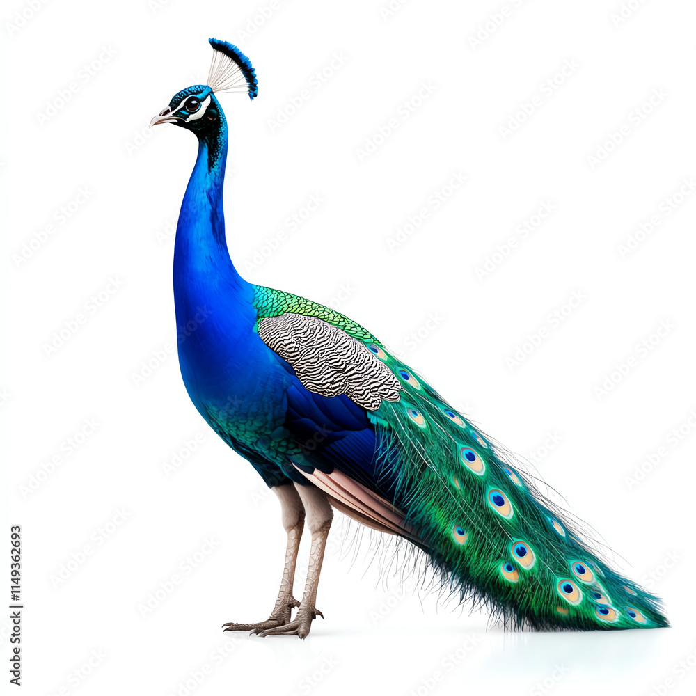 Fototapeta premium A vibrant peacock showcasing its stunning plumage in a striking pose.