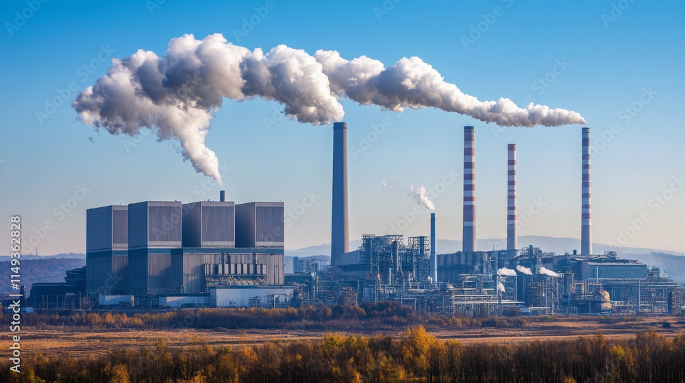A vast industrial landscape featuring factories, pipelines, and heavy machinery, with smoke gently rising from chimneys under a clear blue sky, emphasizing the scale of modern industry A vast industrial landscape featuring factories, pipelines, and heavy machinery, with smoke gently rising from chimneys under a clear blue sky, emphasizing the scale of modern industry