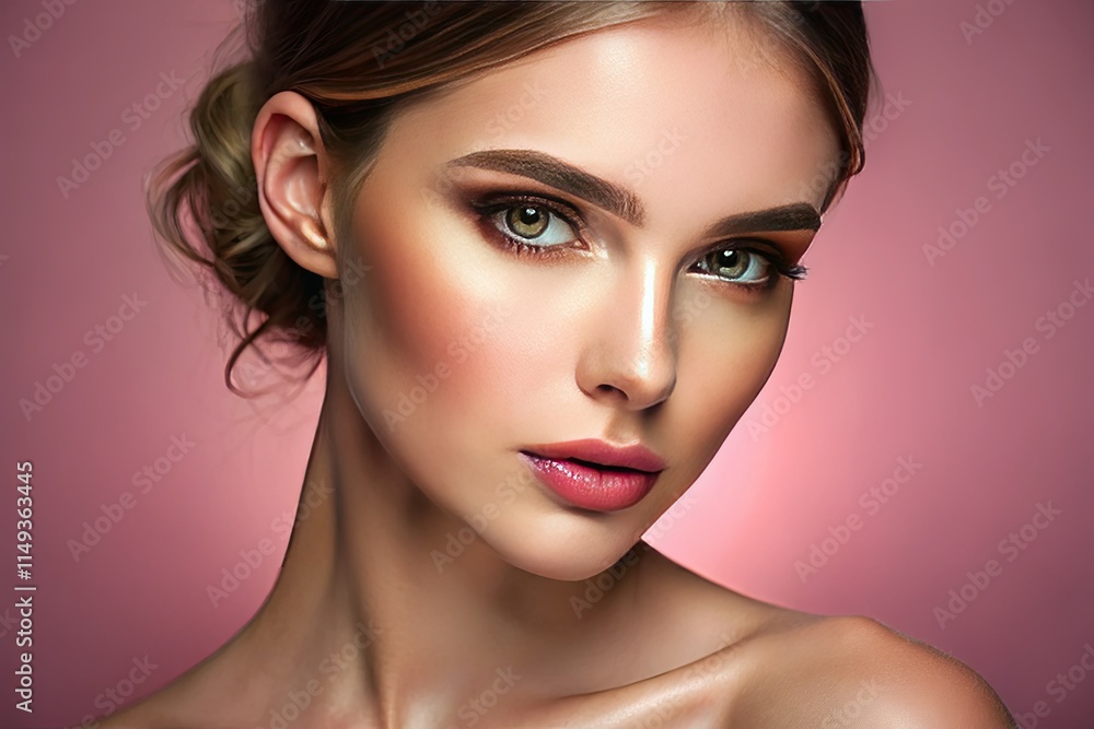 Fototapeta premium Radiant skin glows in soft, pink-hued light; a captivating beauty portrait showcasing skincare's magic.
