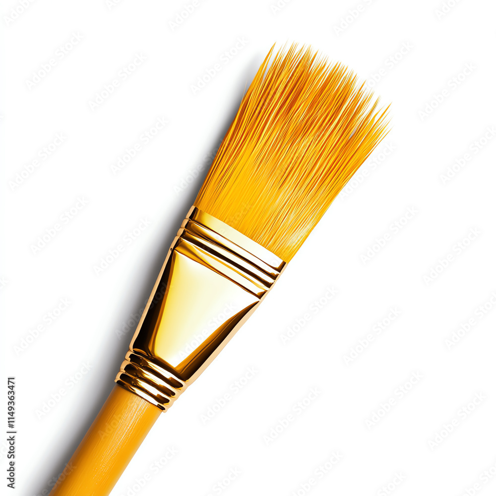 Fototapeta premium A vibrant yellow paintbrush on a clean white background for artistic projects.