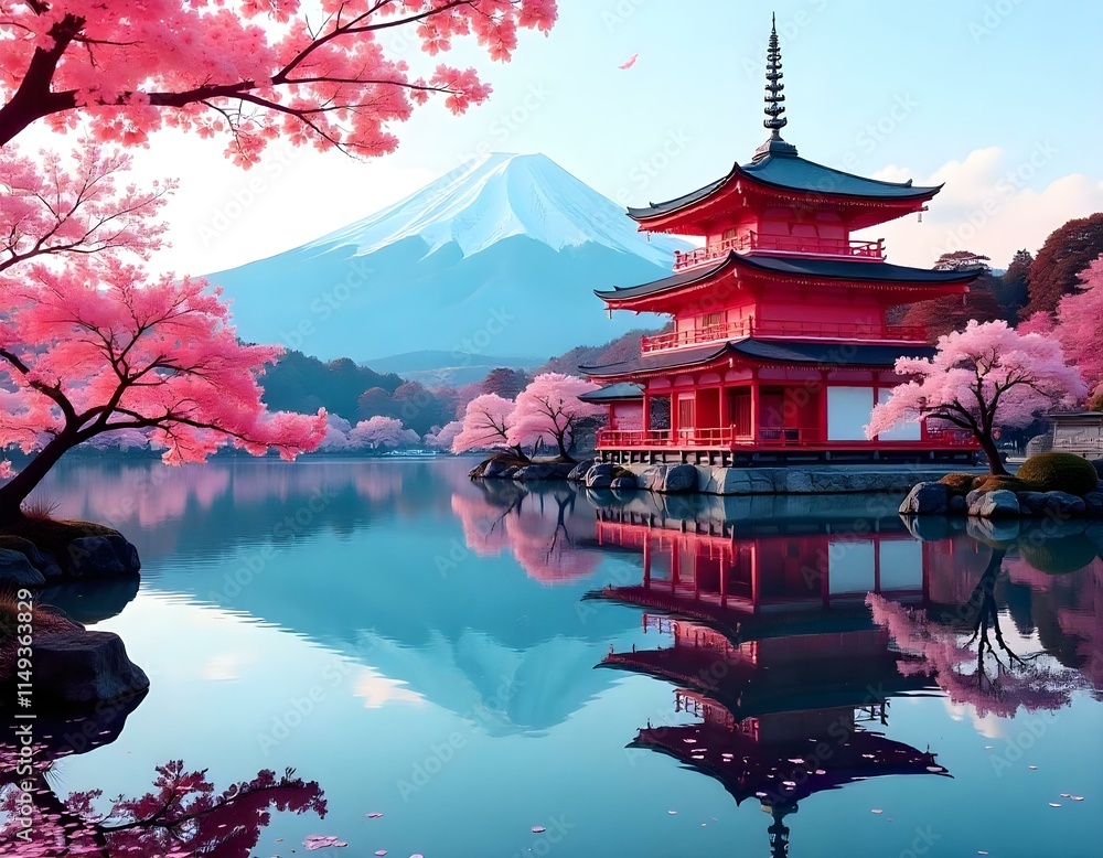 Obraz premium A red pagoda-style temple with a multi-tiered roof overlooking a scenic landscape with Mount Fuji in the background, surrounded by blooming cherry blossom trees in the foreground