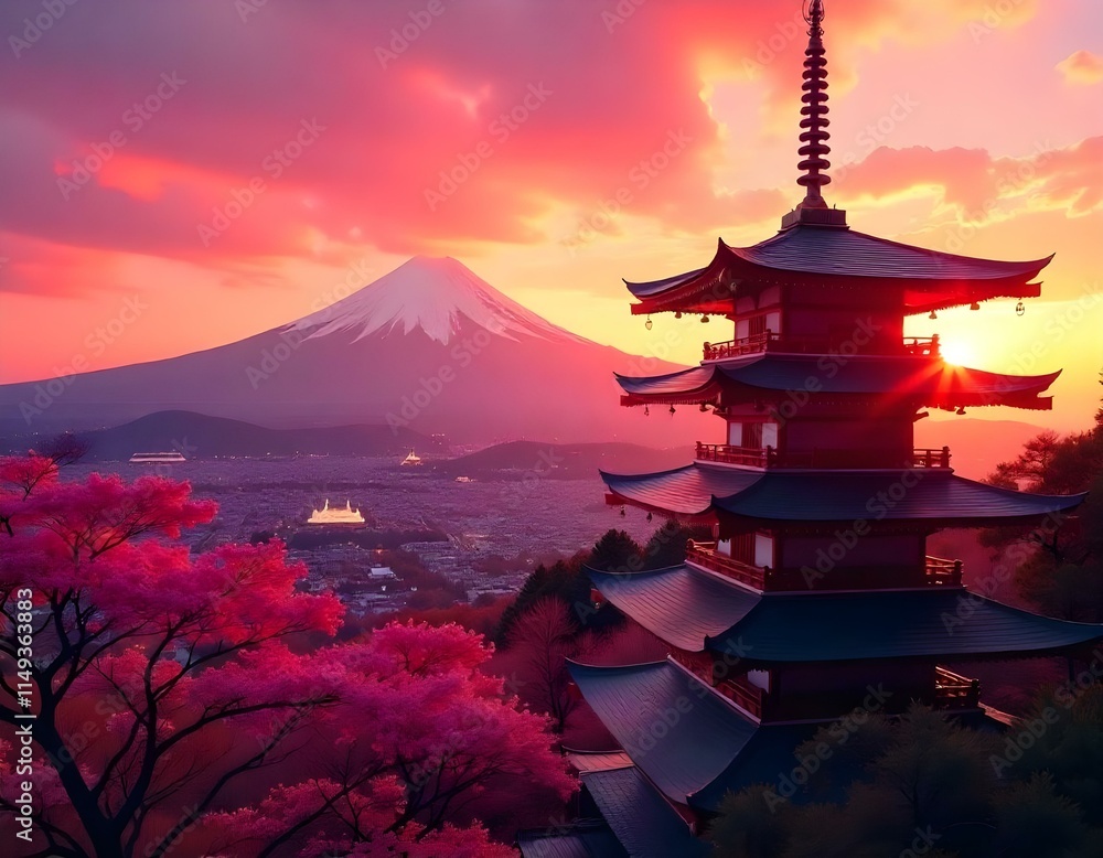 Fototapeta premium A red pagoda-style temple with a multi-tiered roof overlooking a scenic landscape with Mount Fuji in the background, surrounded by blooming cherry blossom trees in the foreground