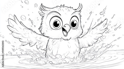 Cartoon Owl Splashing in Pond - Children's Coloring Book Page photo