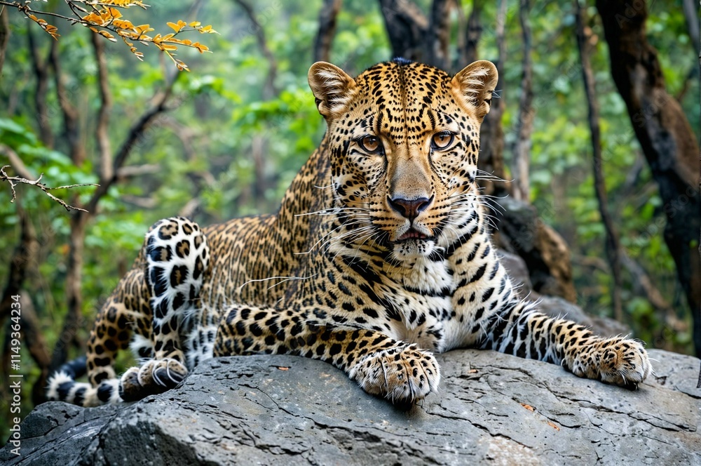 Fototapeta premium A leopard is laying on a rock in a forest