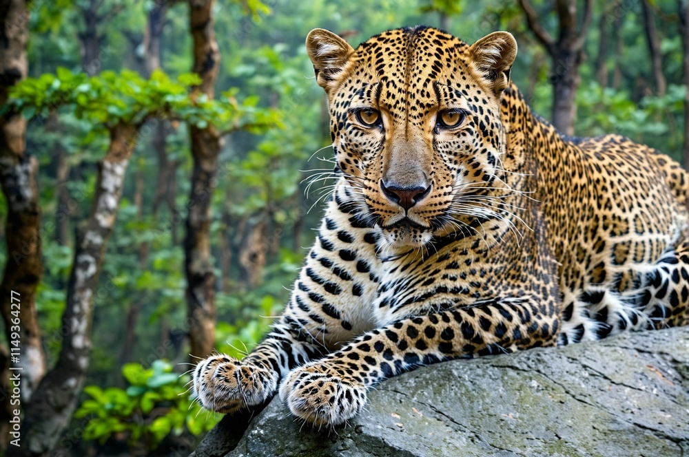 Obraz premium A leopard is laying on a rock in a forest