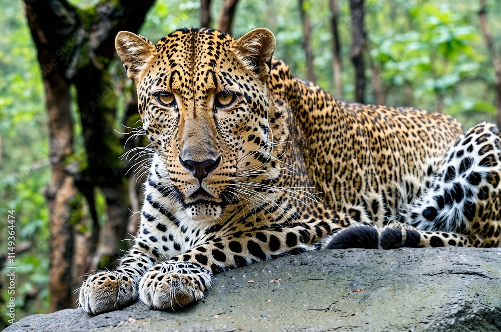 Fototapeta premium A leopard is laying on a rock in a forest